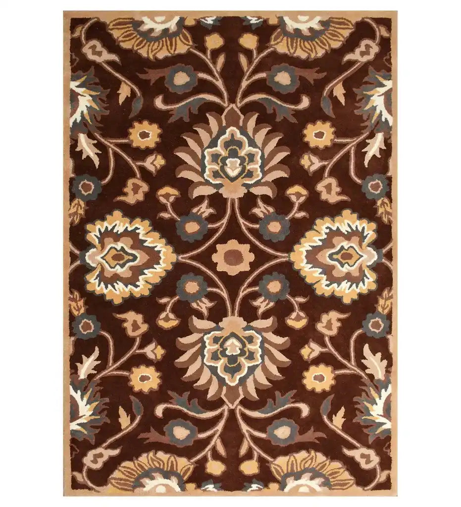 Brown traditional hand-tufted wool rug with beige and blue floral pattern