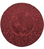 Round burgundy traditional rug with ornate scroll and floral embossed patterns