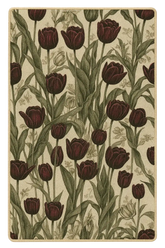 Burgundy tulip floral rug with beige background, machine washable.