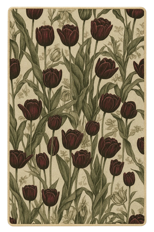 Burgundy tulip floral rug with beige background, machine washable.