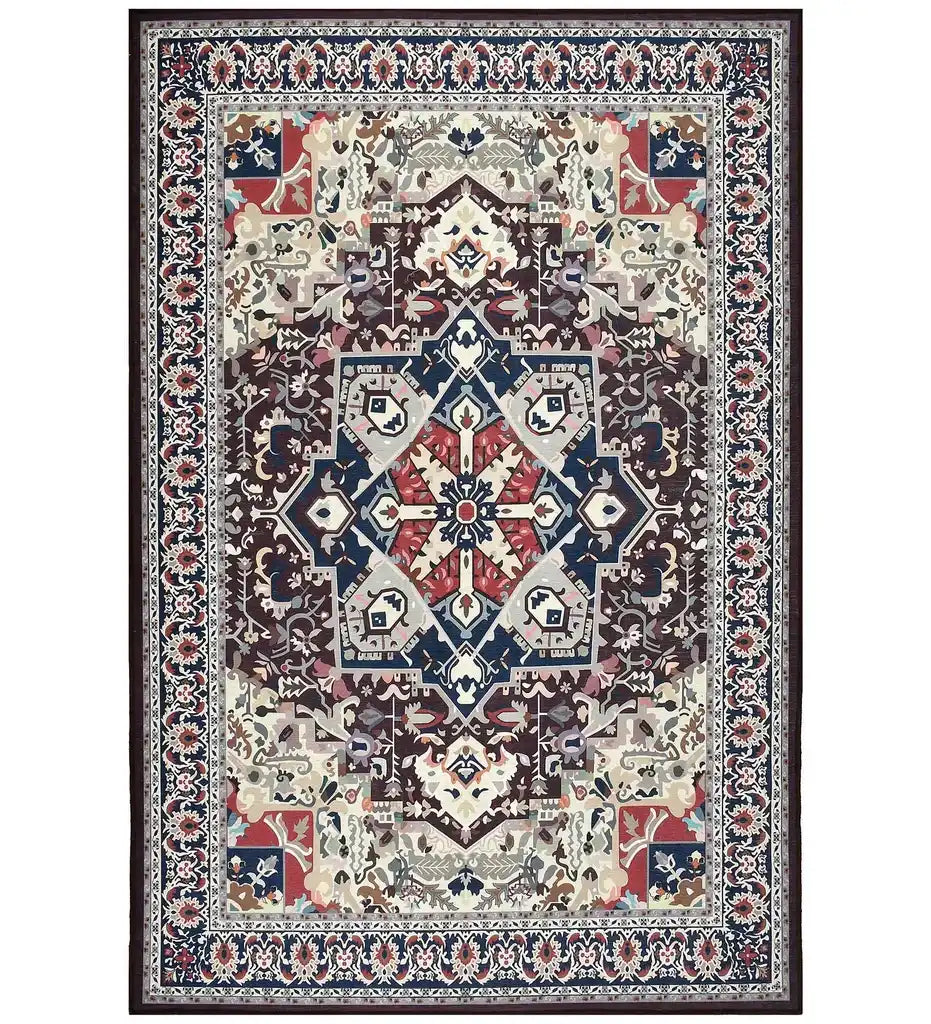 Luxury burgundy vintage style rug with intricate floral and geometric patterns in navy, cream, and muted tones