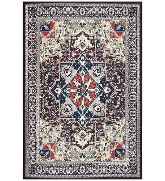 Burgundy vintage style machine washable rug.