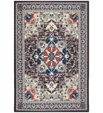 Luxury burgundy vintage style rug with intricate floral and geometric patterns in navy, cream, and muted tones