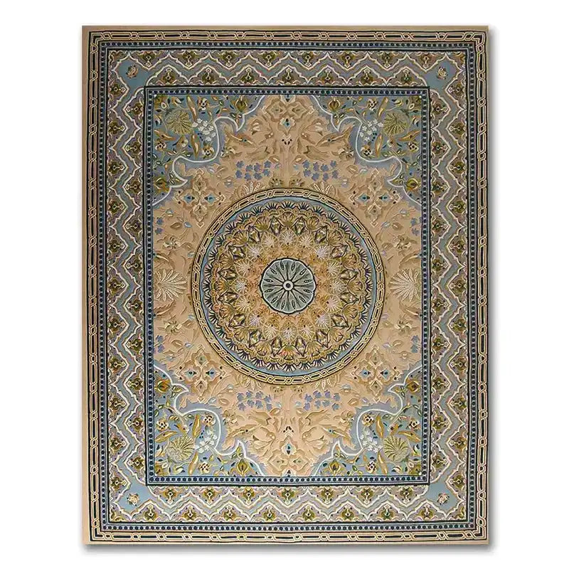 Celestia hand-tufted luxury rug with intricate floral and geometric patterns in beige, blue, and gold tones