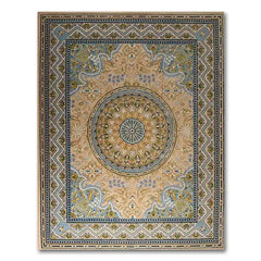 Celestia hand-tufted luxury rug with intricate floral and geometric patterns in beige, blue, and gold tones