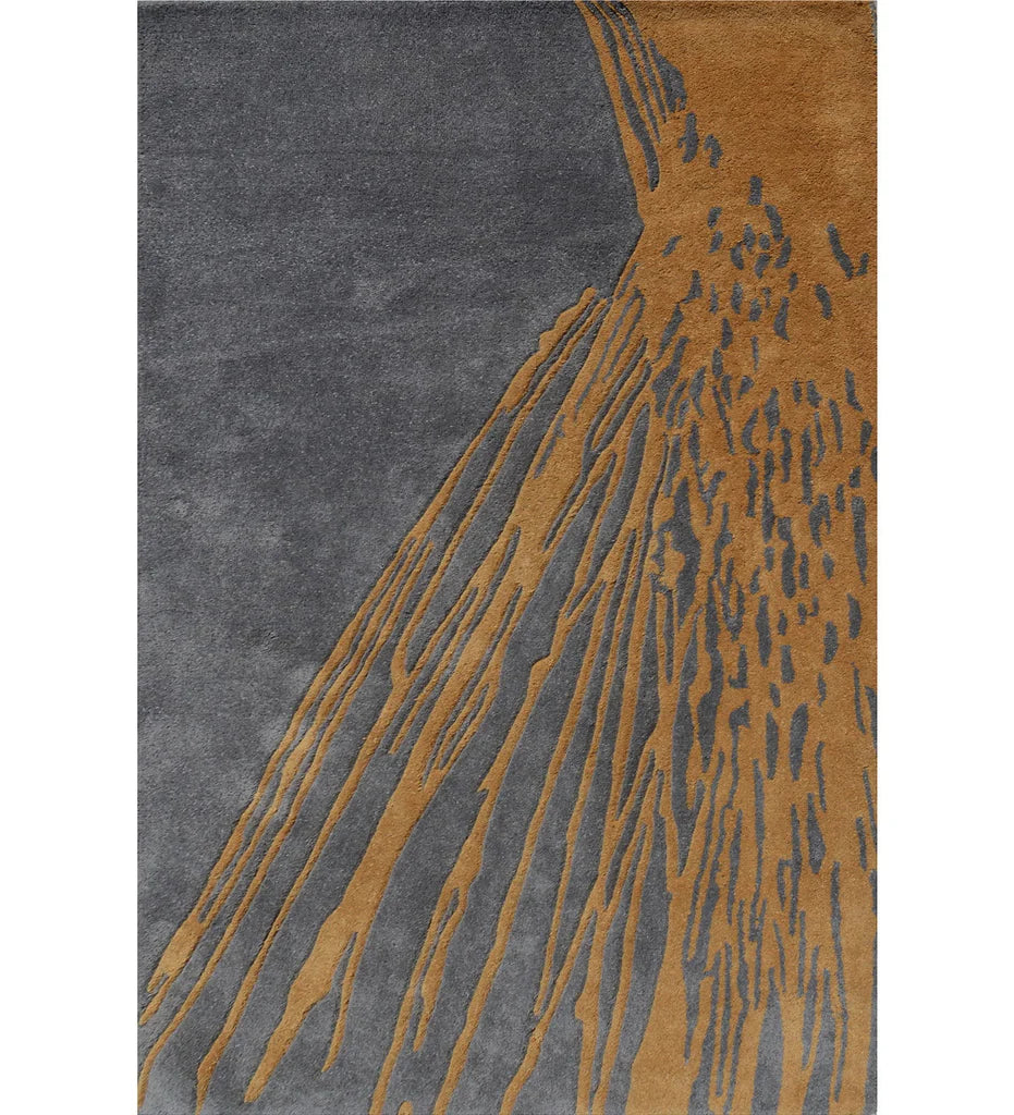 Abstract modern hand-tufted wool rug in charcoal grey and golden brown