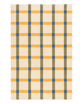 Hand-tufted plaid tartan rug with beige, yellow, green, and blue pattern.