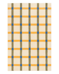 Hand-tufted plaid tartan rug with beige, yellow, green, and blue pattern.