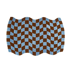 Wavy checkered rug in blue and brown, handwoven luxury decorative floor piece