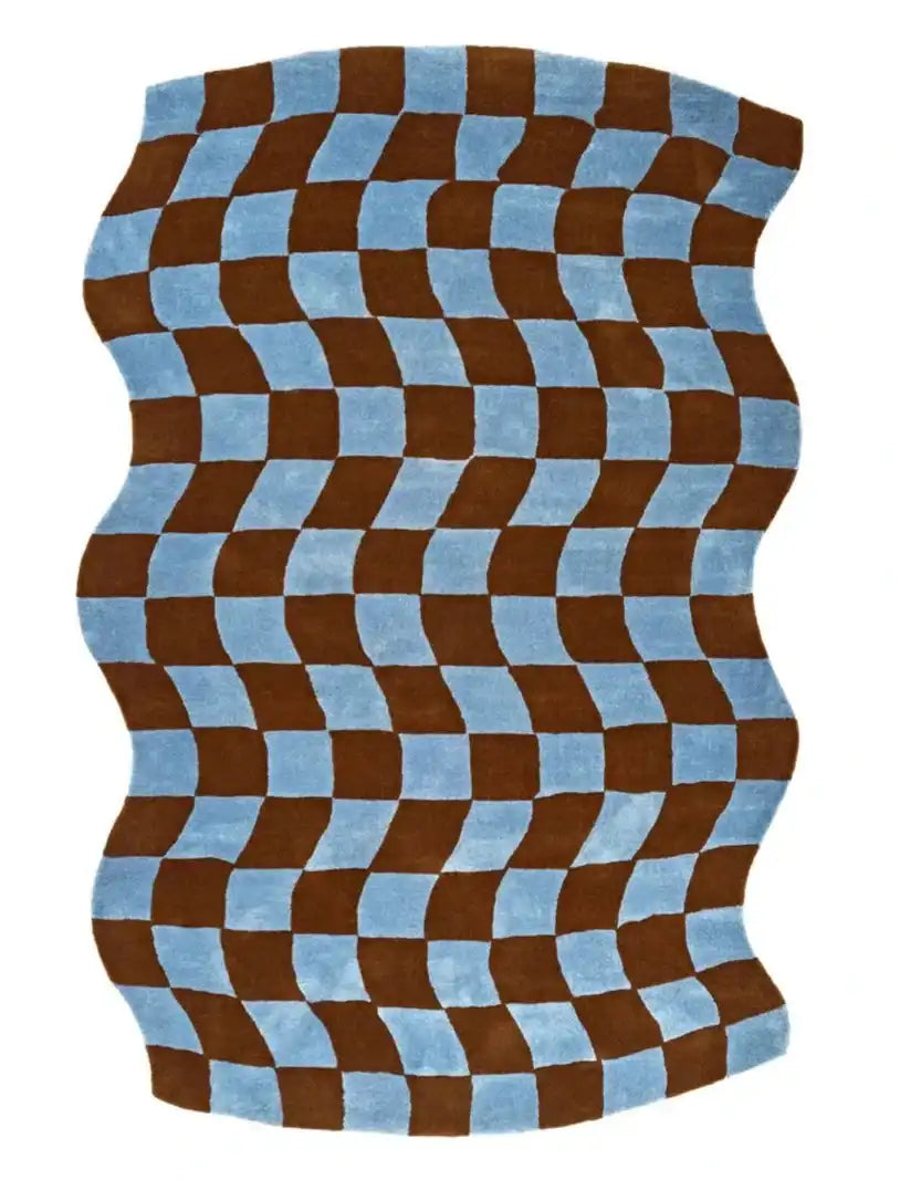 Wavy checkered rug with alternating blue and brown squares, handwoven luxury floor decor