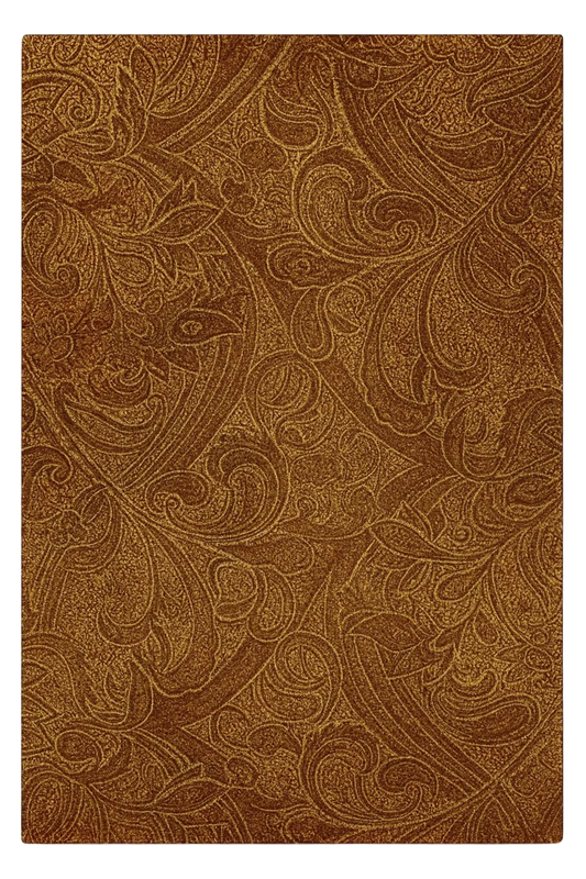 Chocolate brown baroque scroll rug with machine washable design.