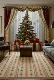 Holiday washable rug with playful red and green design on cream background