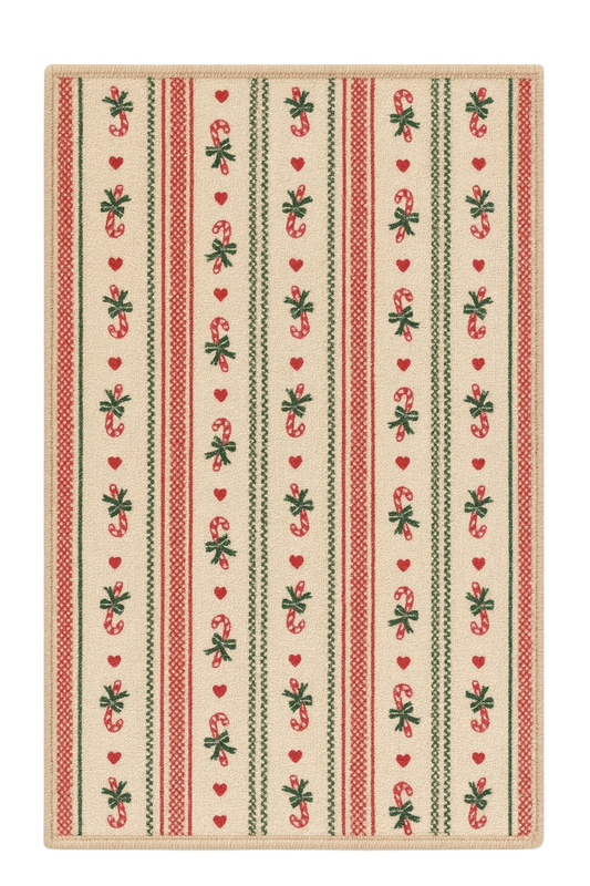 Candy cane Christmas rug with red and green holiday stripe pattern