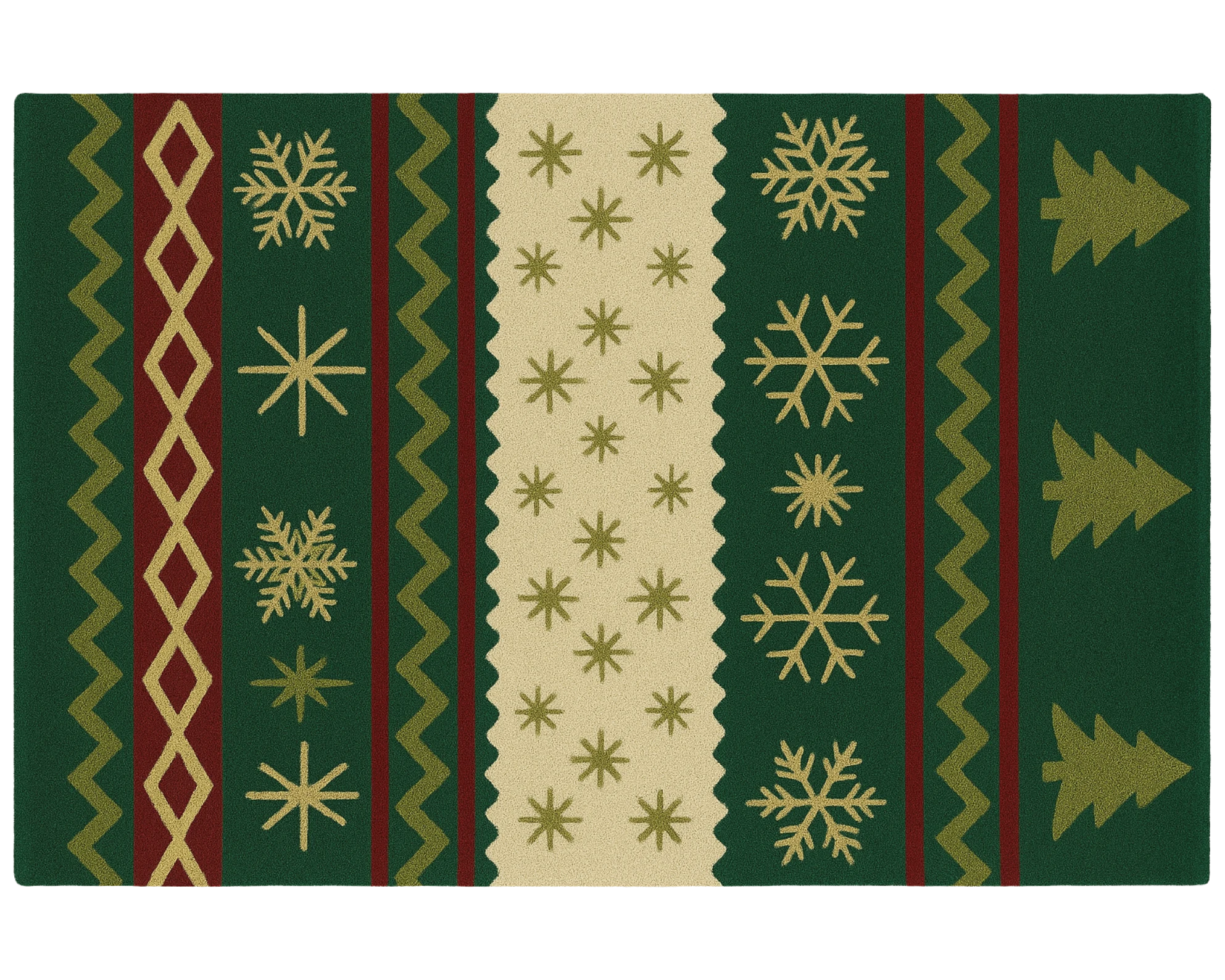 Classic green and gold Christmas Rug with snowflake and tree patterns.
