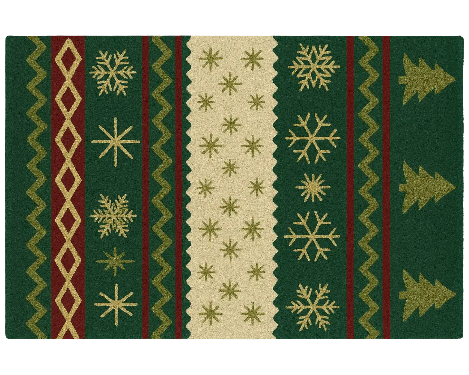 Classic green and gold Christmas Rug with snowflake and tree patterns.