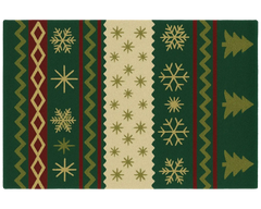 Classic green and gold Christmas Rug with snowflake and tree patterns.