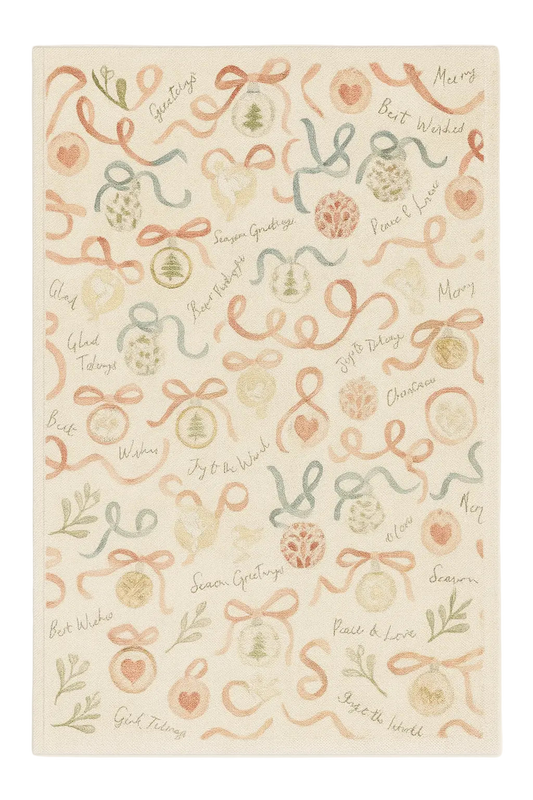Holiday greetings Christmas rug with ribbons, ornaments, and festive wishes
