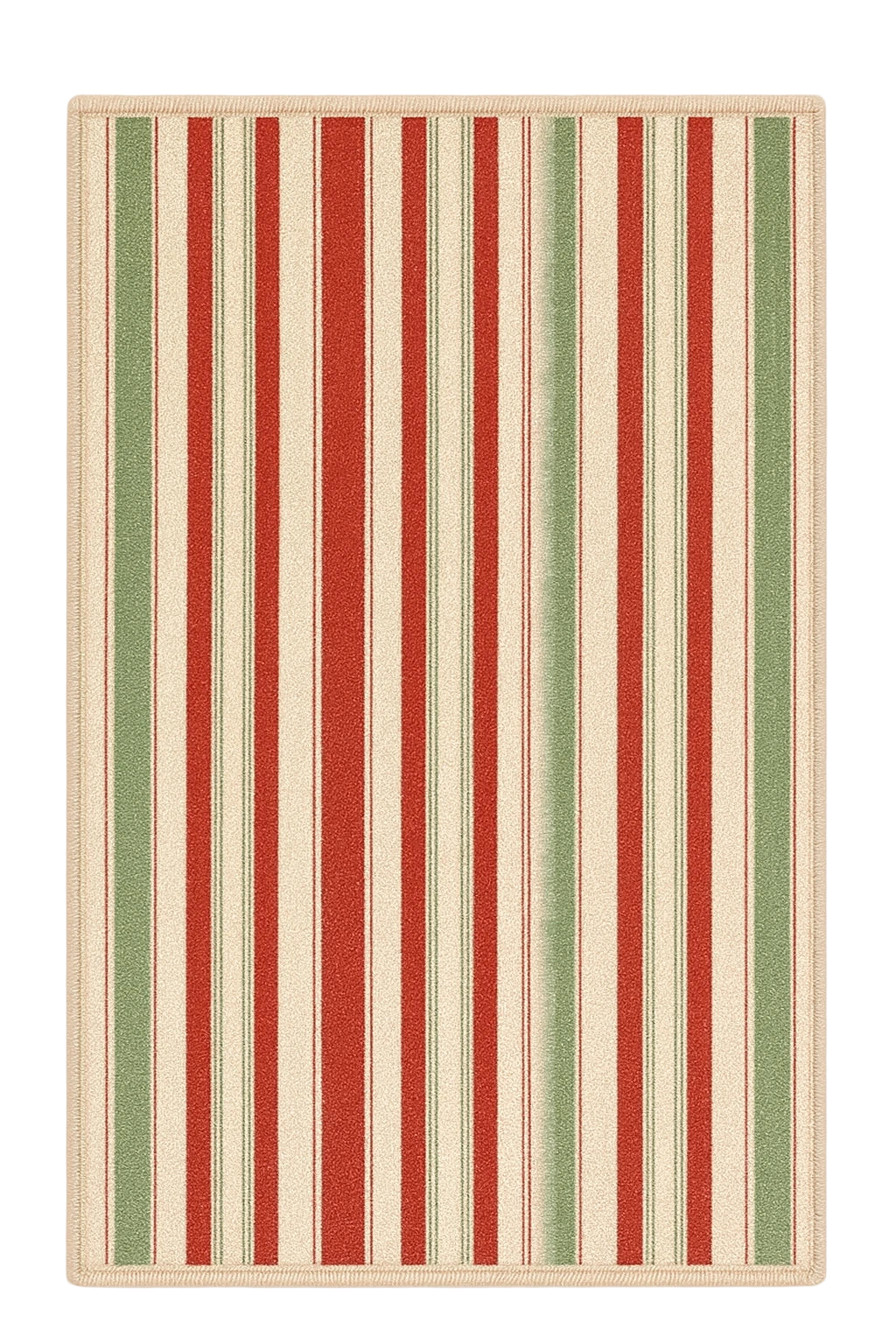Christmas striped rug with red, green, and cream vertical holiday pattern