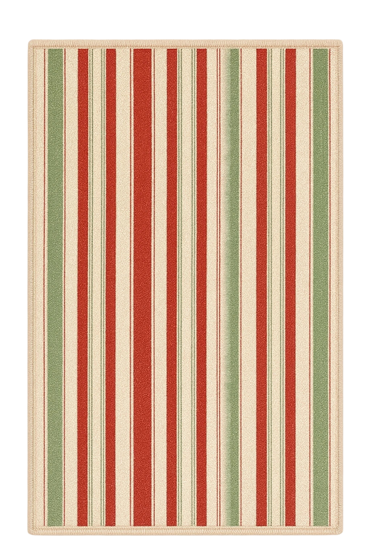 Christmas striped rug with red, green, and cream vertical holiday pattern