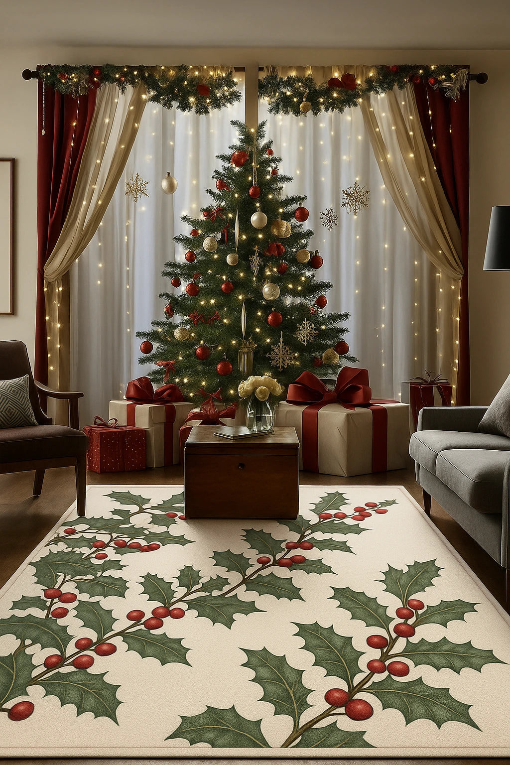 Traditional Christmas machine washable rug with red and green holly pattern