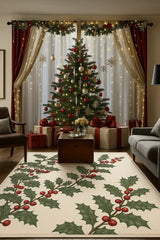 Traditional Christmas machine washable rug with red and green holly pattern