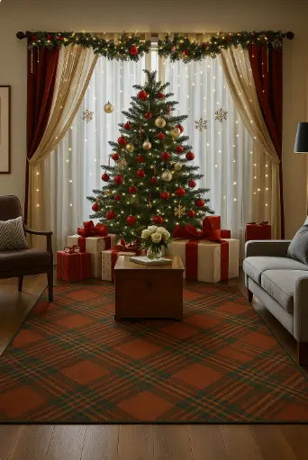 Traditional tartan patterned rug in red, green, and brown for Christmas