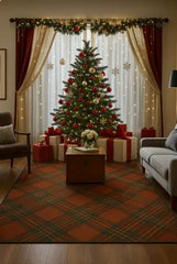 Traditional tartan patterned rug in red, green, and brown for Christmas