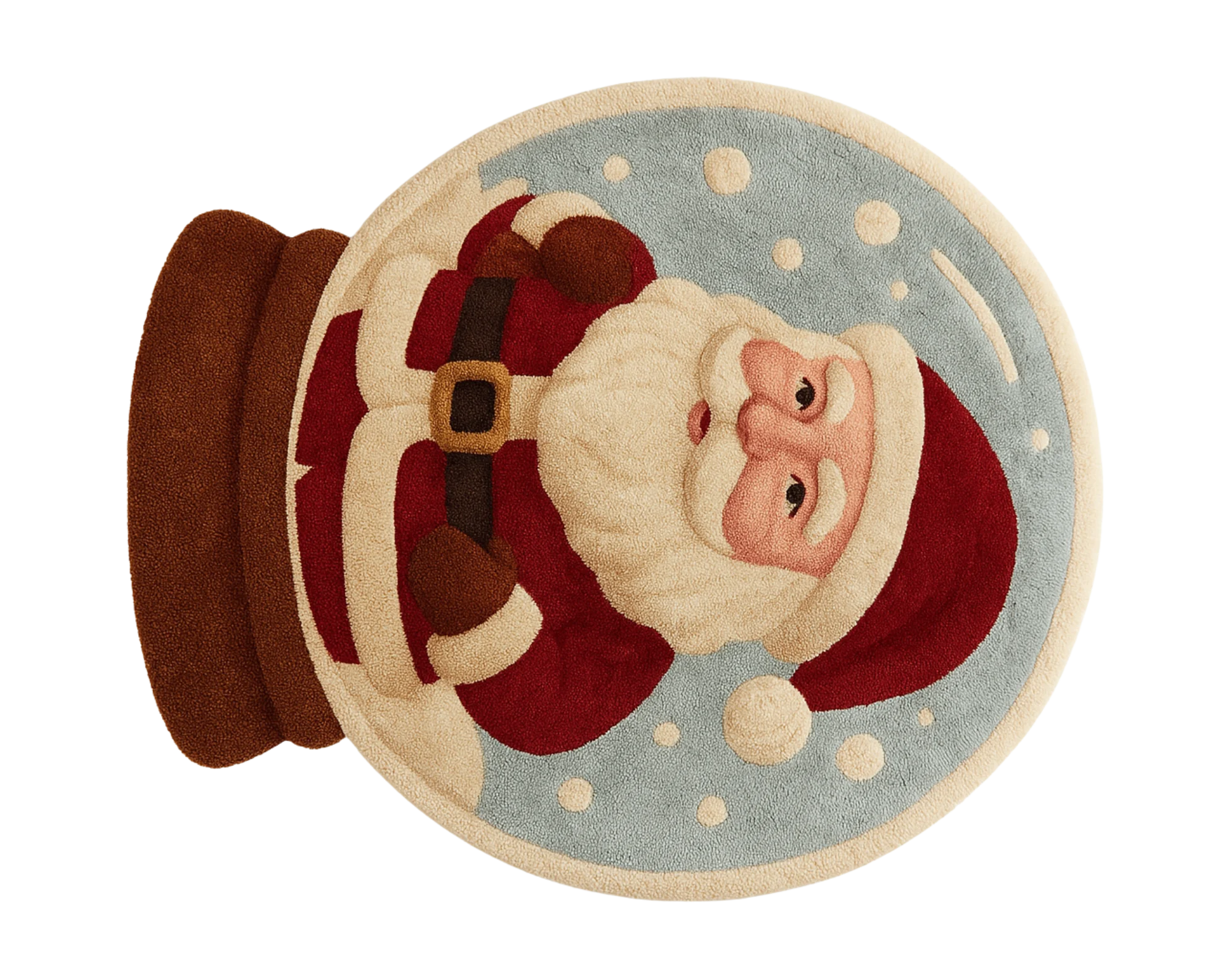 Handcrafted wool Holiday Rug featuring Santa inside a snow globe.