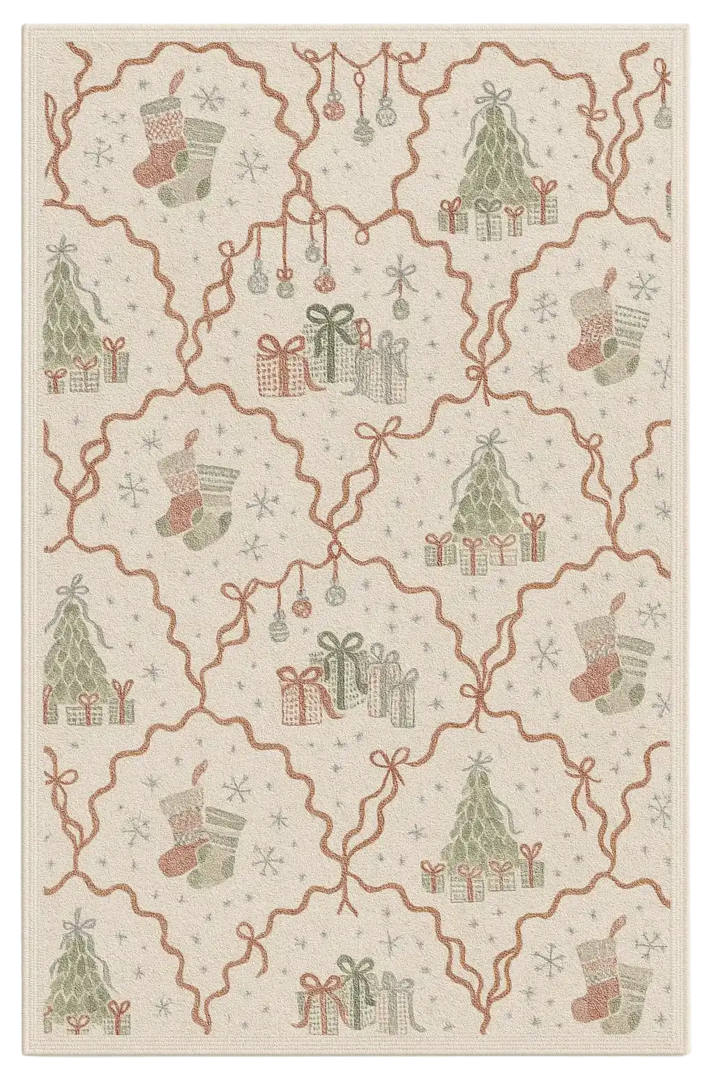 Christmas machine washable rug with stockings, trees, gifts, and ornaments