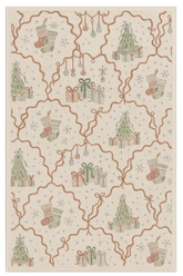 Christmas machine washable rug with stockings, trees, gifts, and ornaments