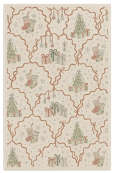 Christmas machine washable rug with stockings, trees, gifts, and ornaments