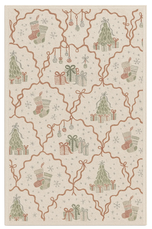 Christmas machine washable rug with stockings, trees, gifts, and ornaments