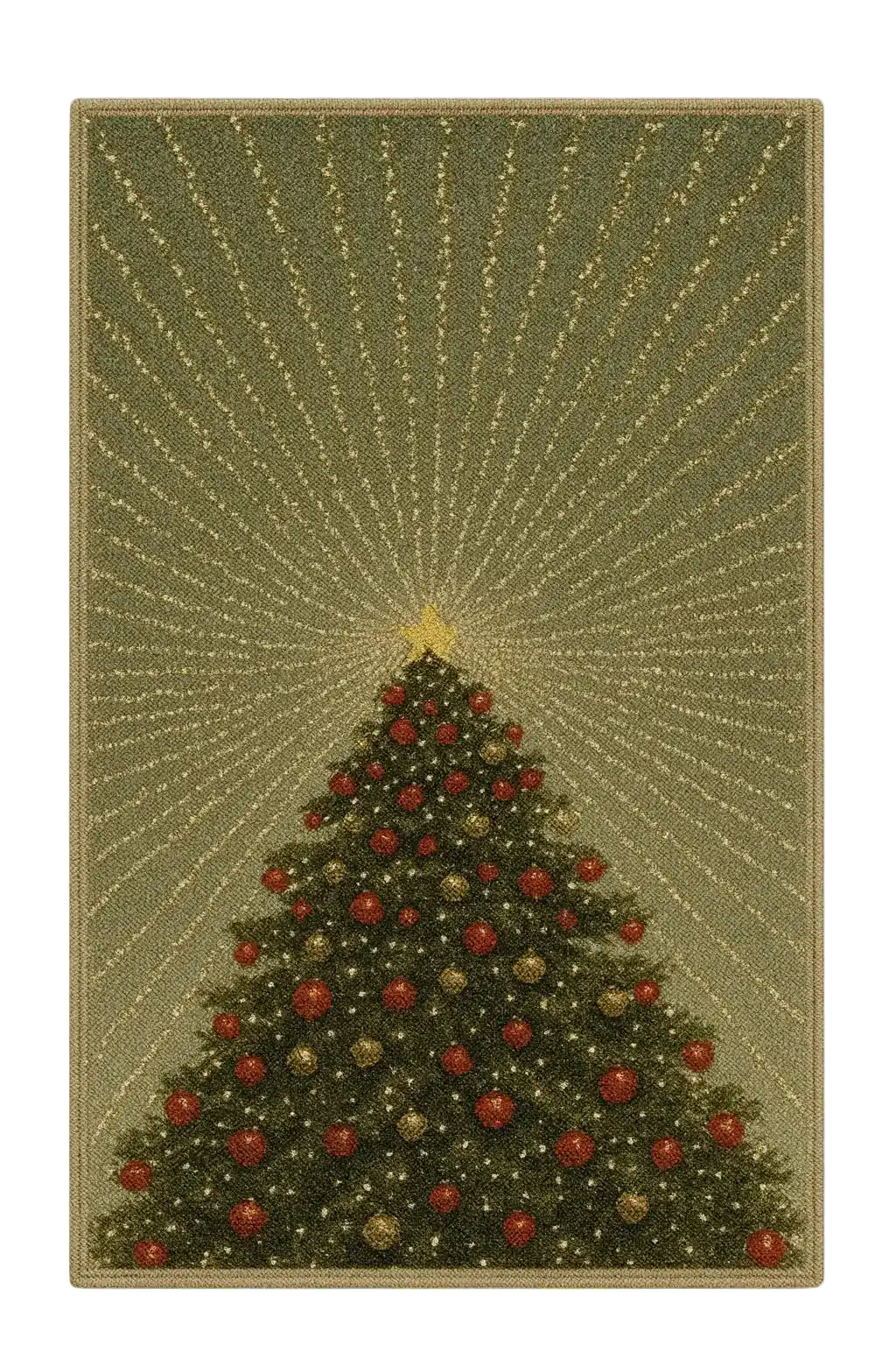 Christmas tree machine washable rug with red and gold ornaments and glowing star