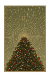 Christmas tree machine washable rug with red and gold ornaments and glowing star