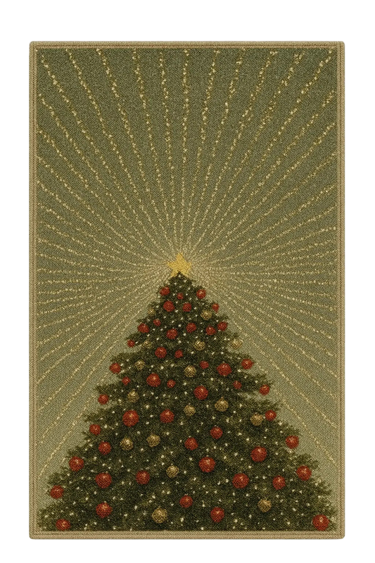 Christmas tree machine washable rug with red and gold ornaments and glowing star