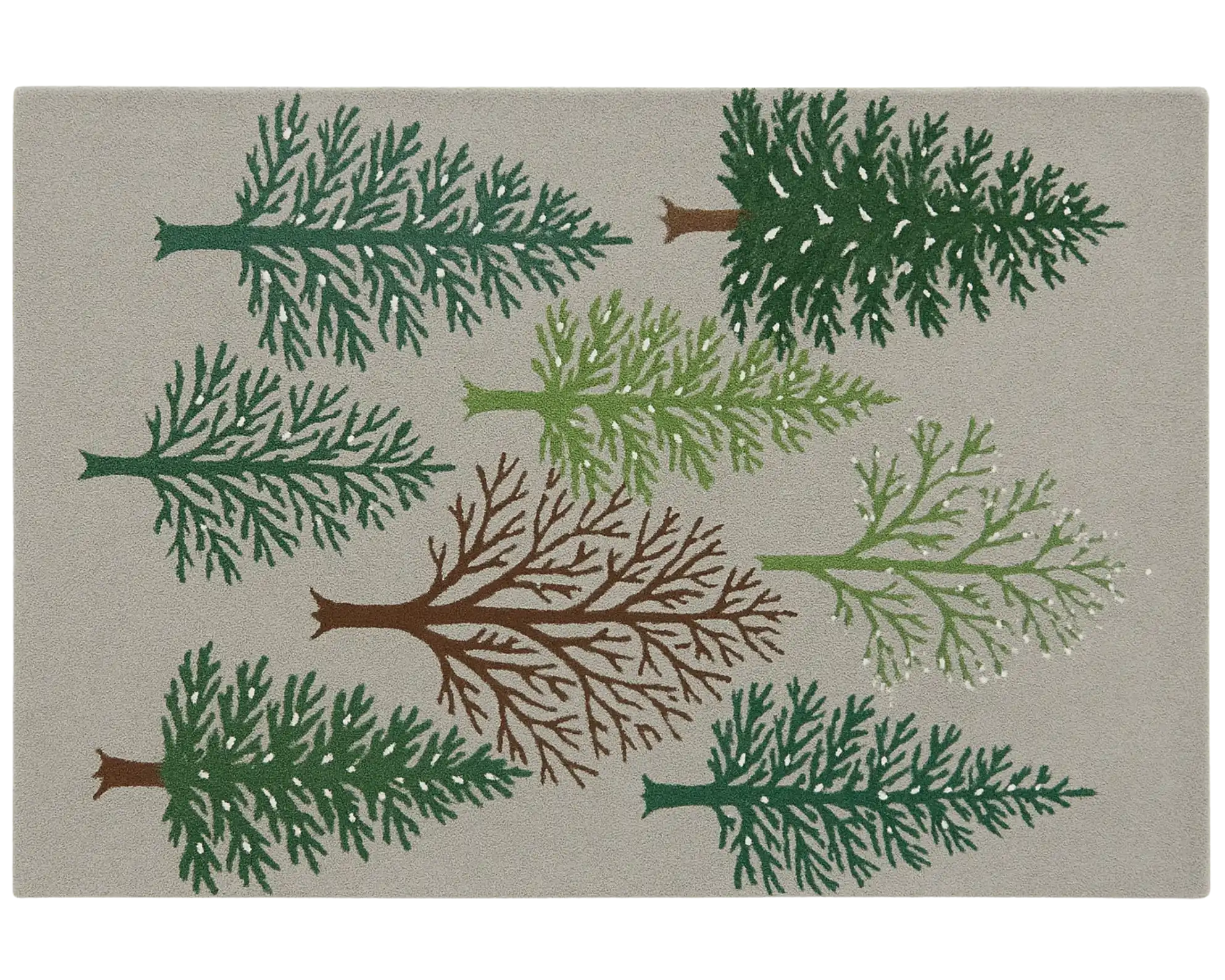 Handcrafted wool holiday rug featuring evergreen and winter trees.
