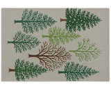 Handcrafted wool holiday rug featuring evergreen and winter trees.