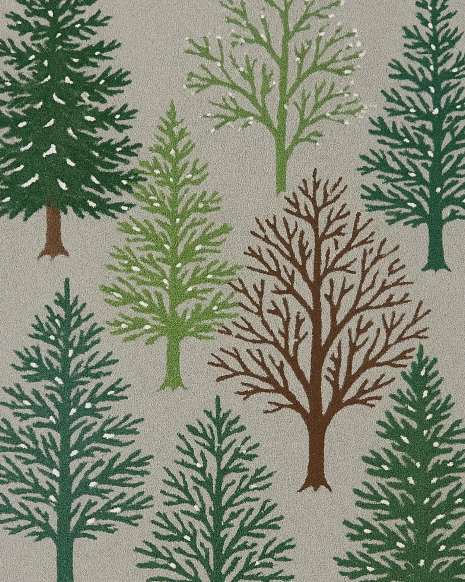 Christmas Rug with green pine and brown tree design on gray wool base.