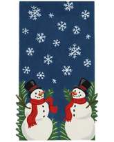 Hand-tufted Christmas rug runner with snowman design on blue base background.