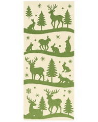 Hand-tufted Christmas rug runner with green reindeer and woodland motifs.