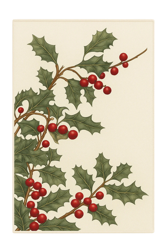 Holly berry Christmas rug with green leaves and red berries on cream background