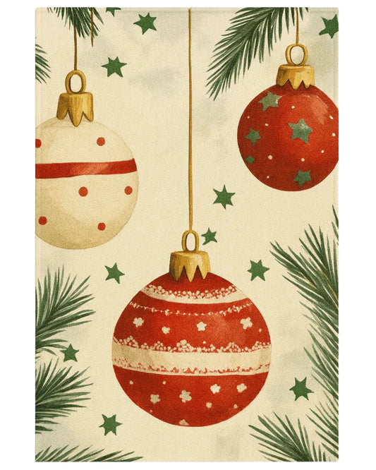 Christmas machine washable rug with red and cream ornaments and pine branches