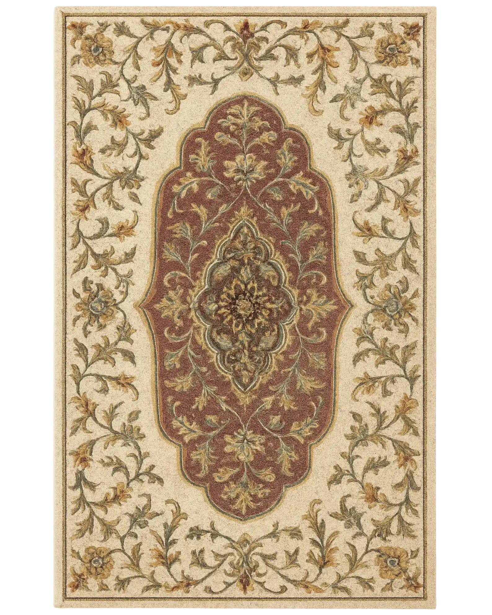 Classic Red & Beige Hand-Tufted Wool Medallion Rug – Traditional Floral Design.
