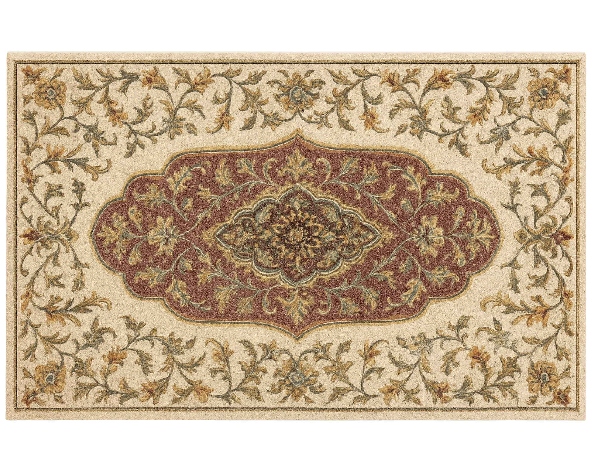 Handcrafted Wool Medallion Rug with ornate red and beige floral patterns.