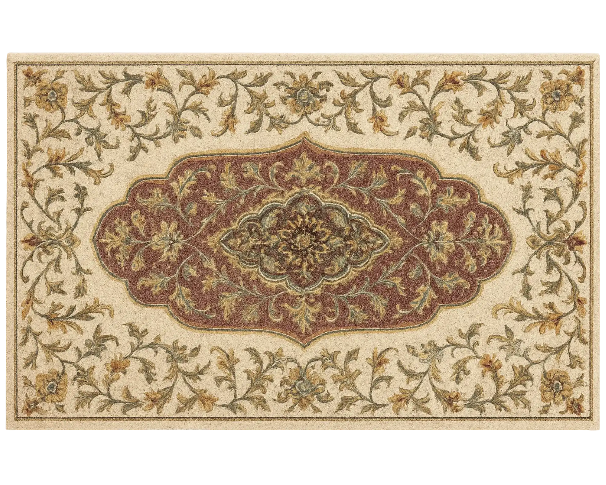 Handcrafted Wool Medallion Rug with ornate red and beige floral patterns.