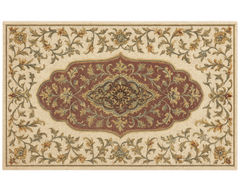 Handcrafted Wool Medallion Rug with ornate red and beige floral patterns.
