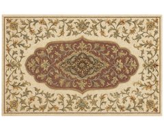 Handcrafted Wool Medallion Rug with ornate red and beige floral patterns.