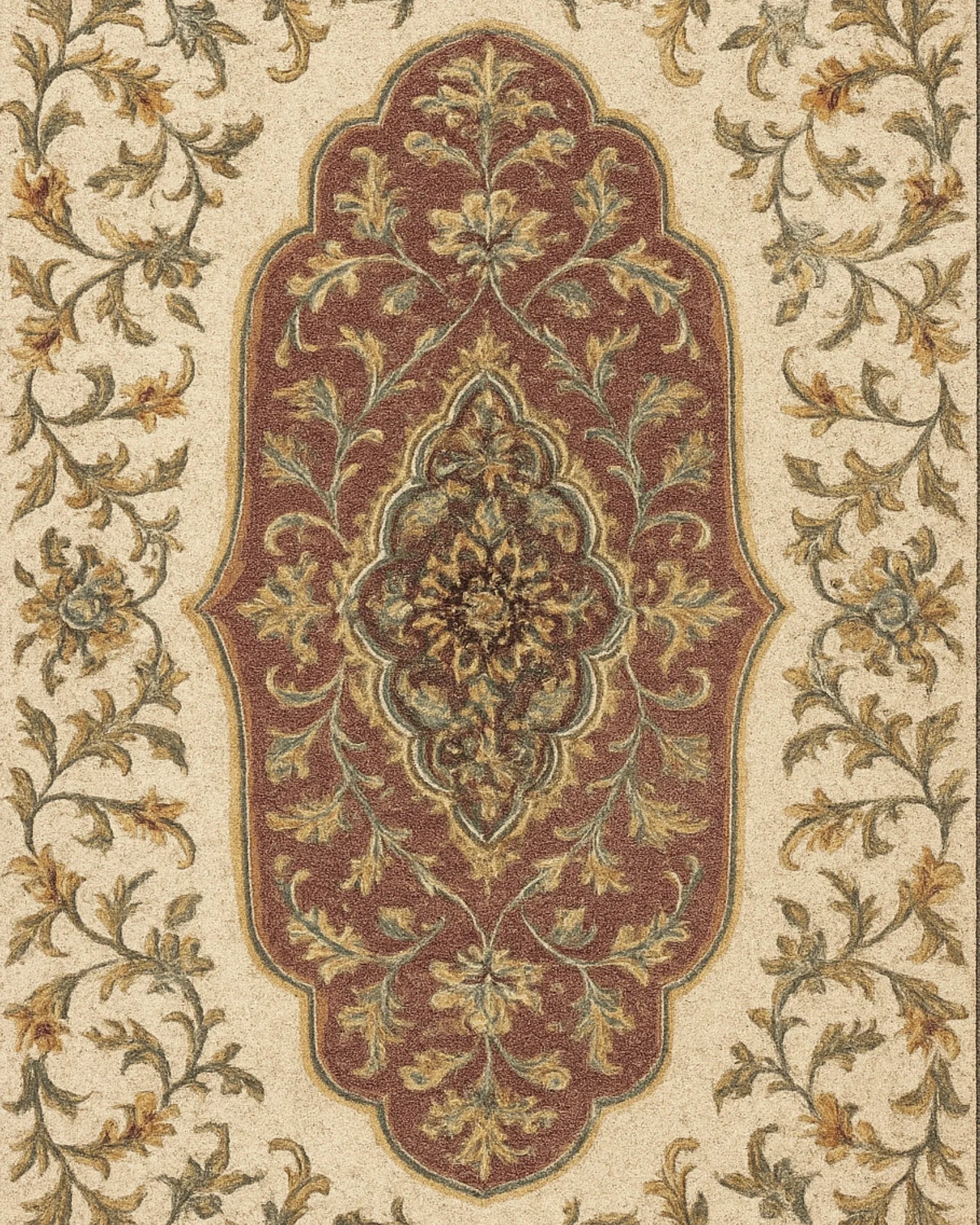 Luxury vintage-style Medallion Rug featuring maroon center and beige border.