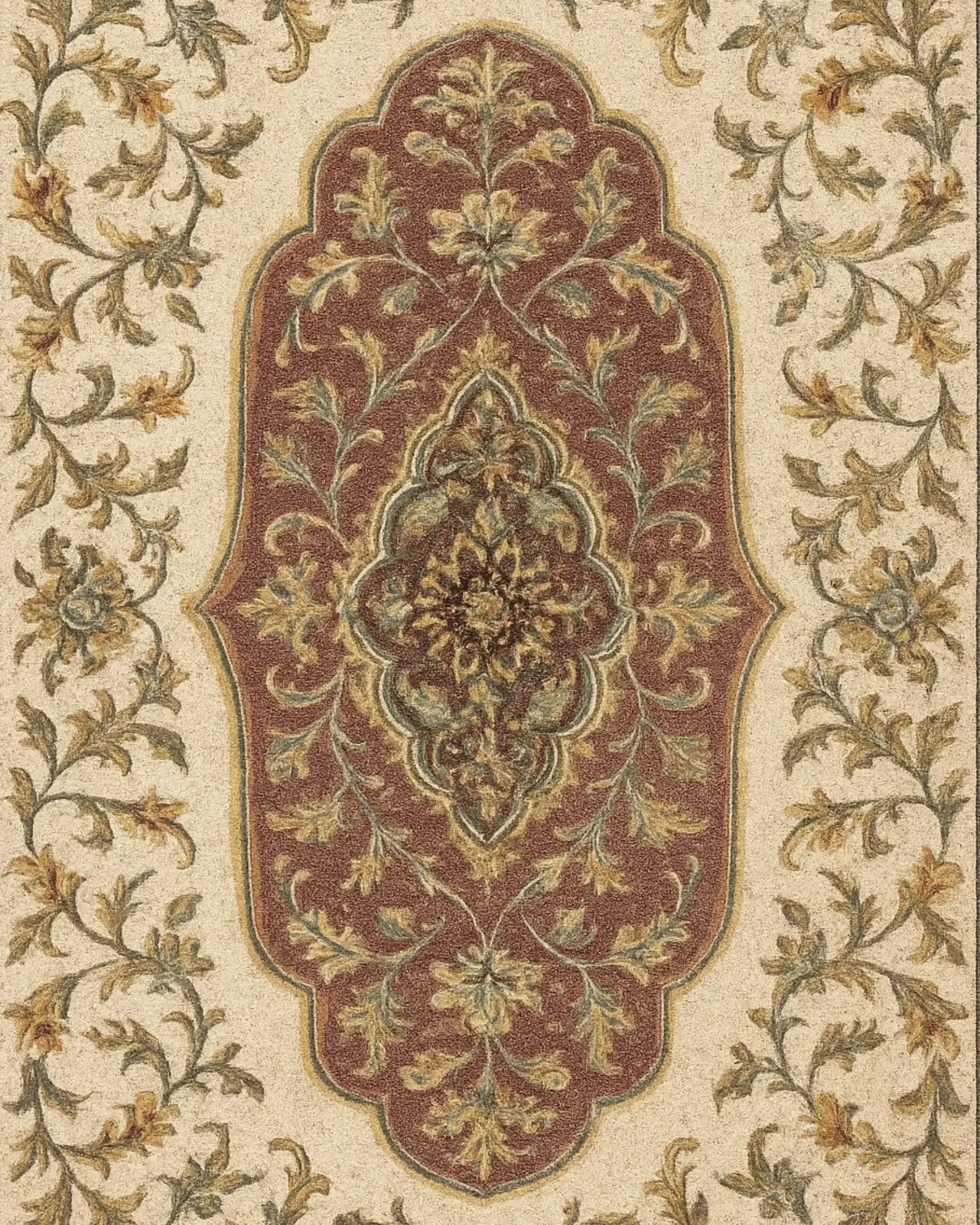 Luxury vintage-style Medallion Rug featuring maroon center and beige border.