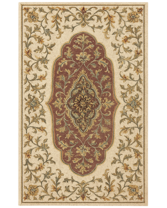 Classic Red & Beige Hand-Tufted Wool Medallion Rug – Traditional Floral Design.